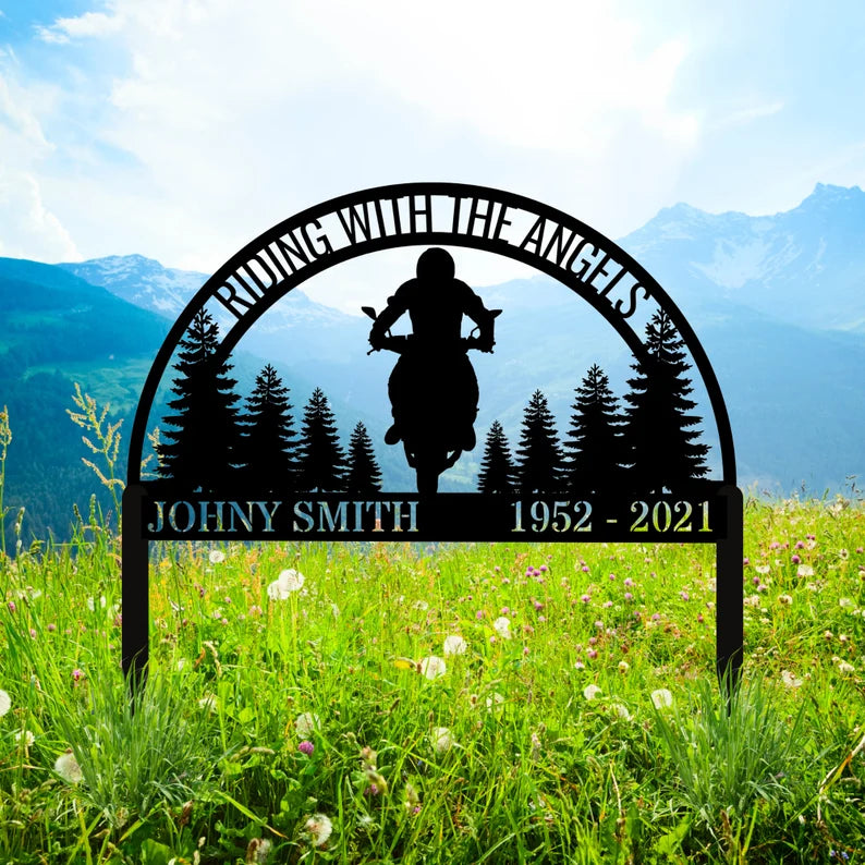 Moto Rider Metal Memorial Plaque Stake