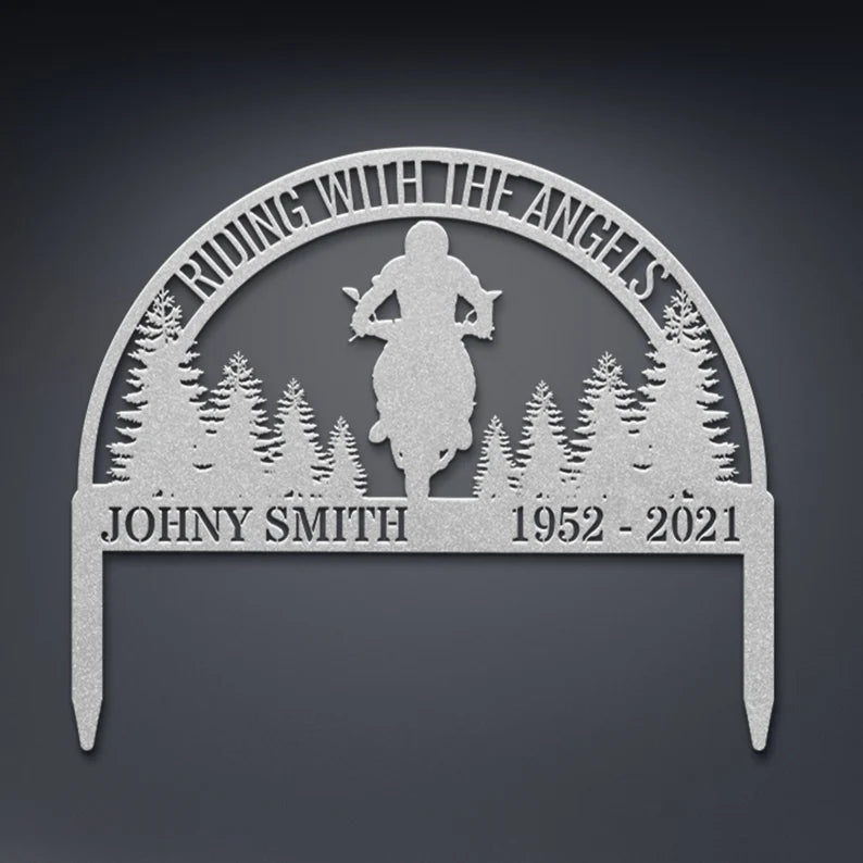 silver Moto Rider Memorial Plaque Stake